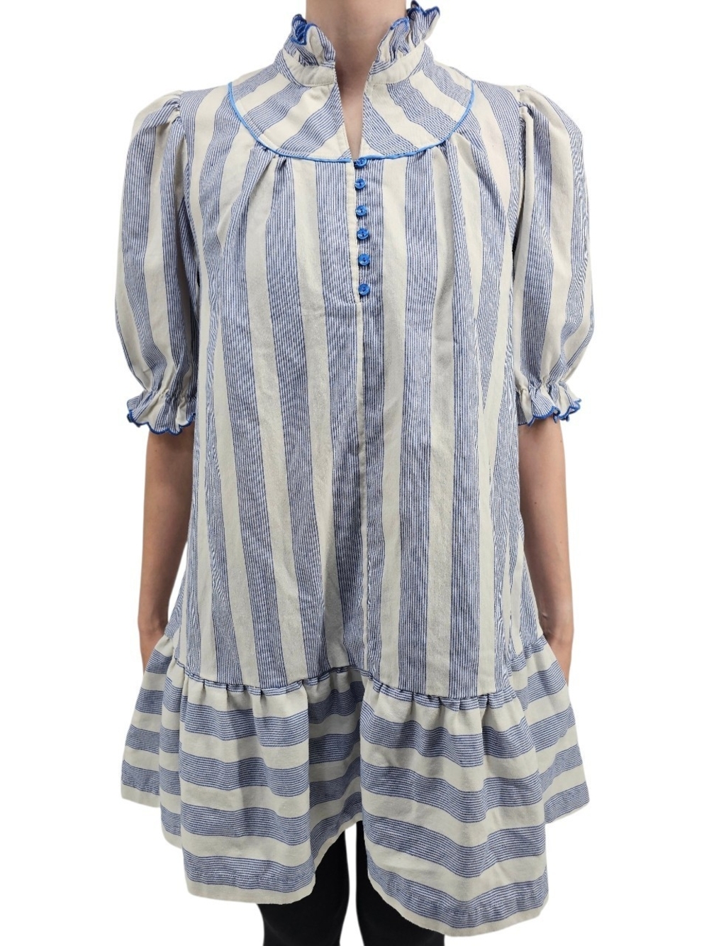 Umgee Blue White Striped Ruffle Collar Puff Sleeve Tunic Dress M